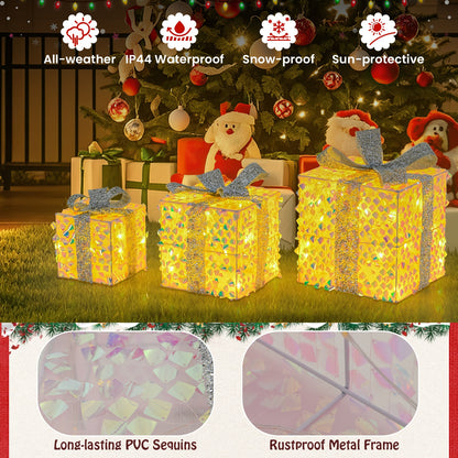 Set of 3 Christmas Lighted Gift Boxes with Pre-lit 90 LED Light and Bows, White Christmas Decor & Accessories   at Gallery Canada