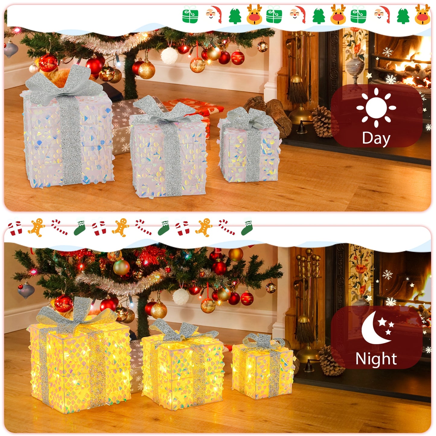 Set of 3 Christmas Lighted Gift Boxes with Pre-lit 90 LED Light and Bows, White Christmas Decor & Accessories   at Gallery Canada