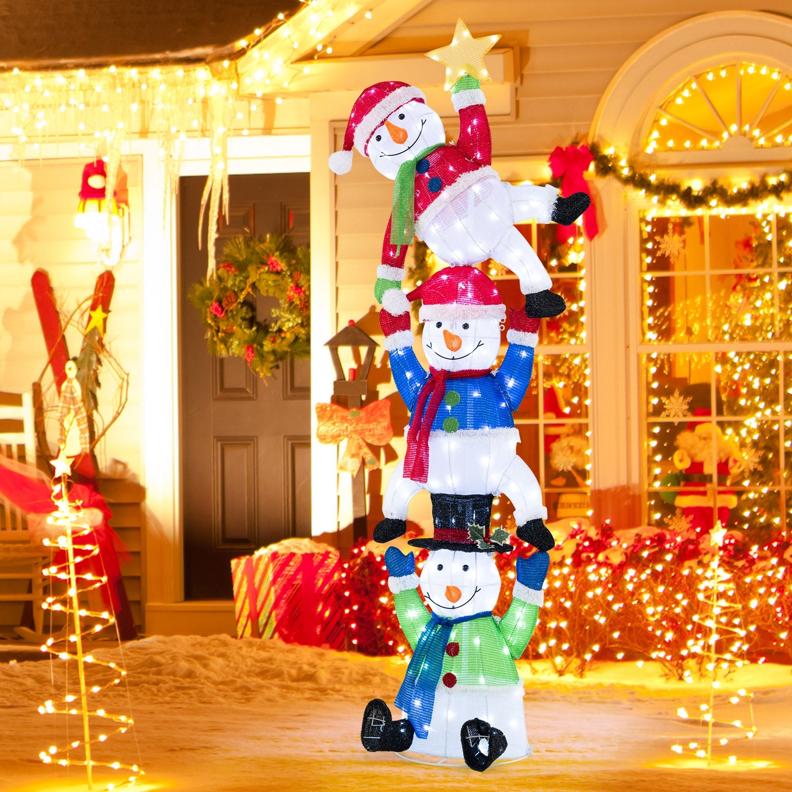 6 FT Pre-Lit Stacked Snowman Set with 155 LED Lights and Ground Stakes, Multicolor Christmas Decor & Accessories   at Gallery Canada