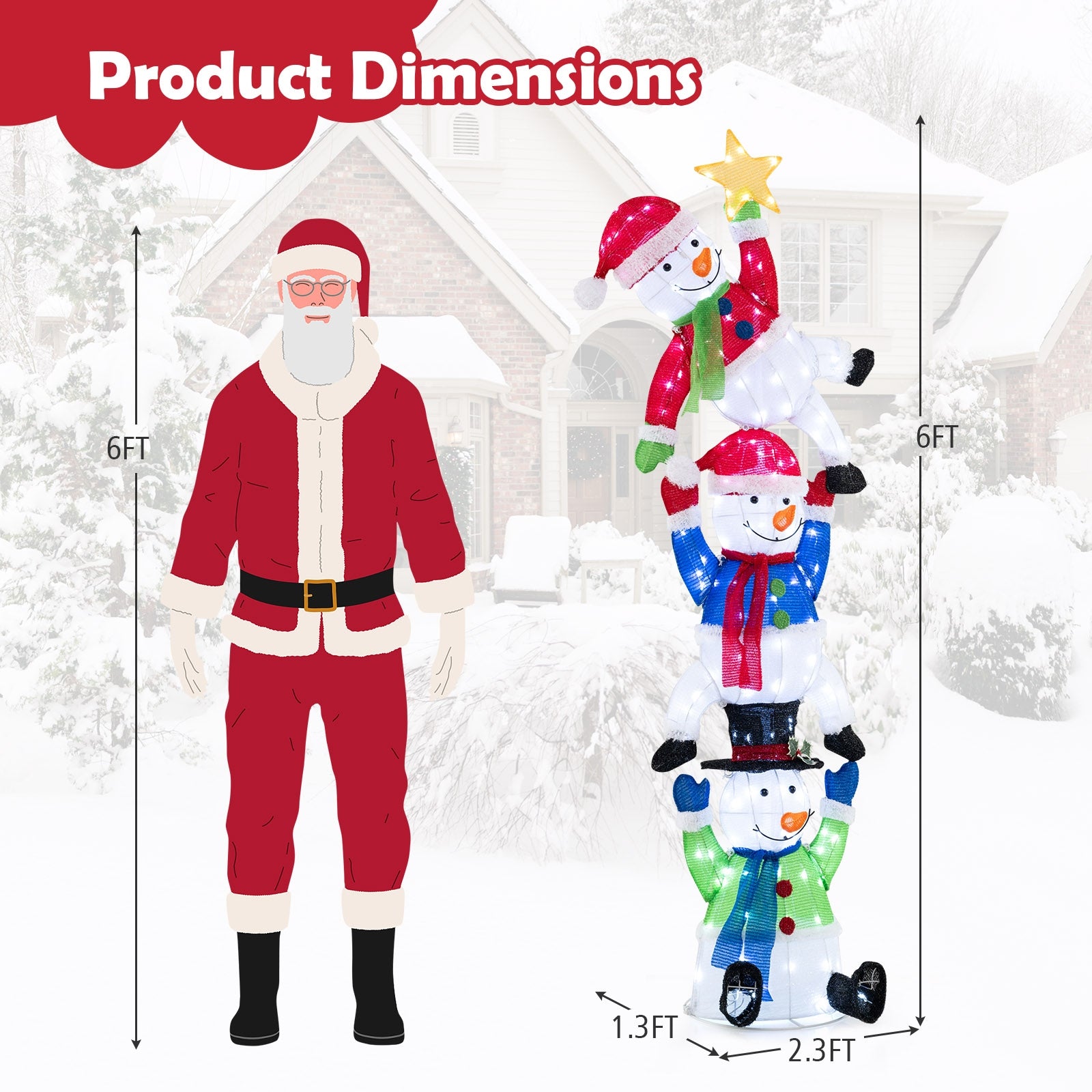 6 FT Pre-Lit Stacked Snowman Set with 155 LED Lights and Ground Stakes, Multicolor Christmas Decor & Accessories   at Gallery Canada