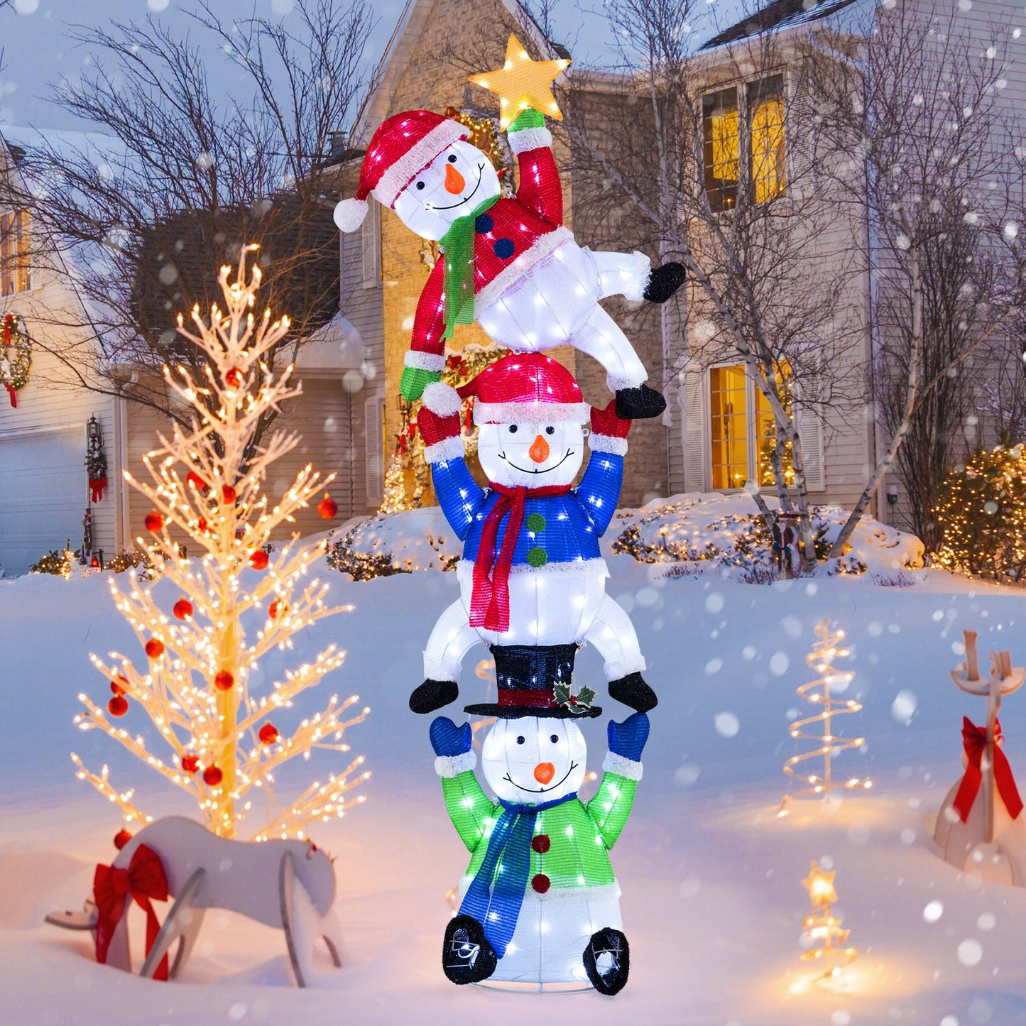 6 FT Pre-Lit Stacked Snowman Set with 155 LED Lights and Ground Stakes, Multicolor Christmas Decor & Accessories   at Gallery Canada