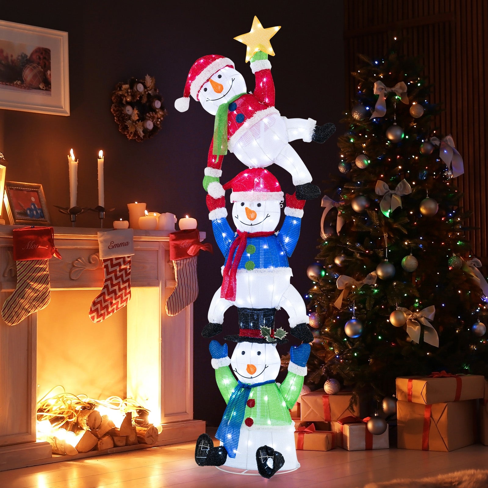 6 FT Pre-Lit Stacked Snowman Set with 155 LED Lights and Ground Stakes, Multicolor Christmas Decor & Accessories   at Gallery Canada