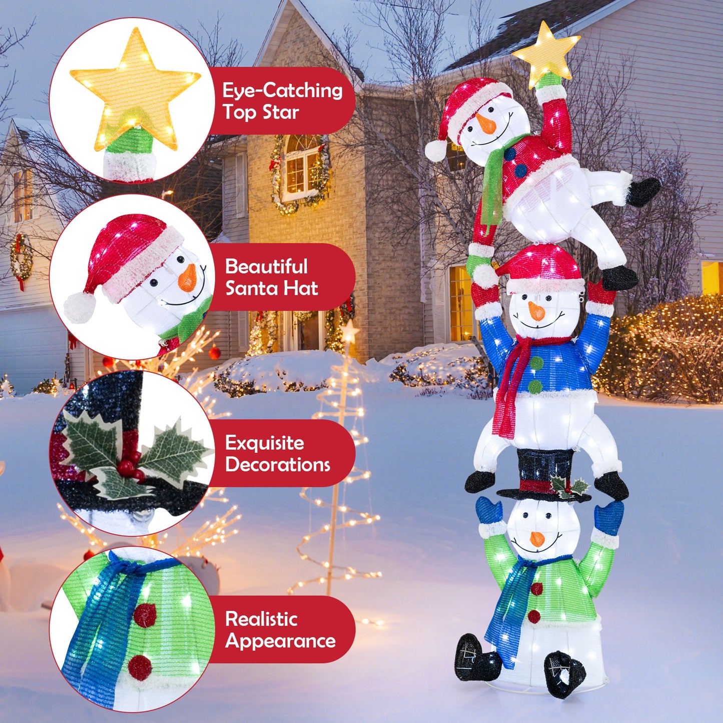 6 FT Pre-Lit Stacked Snowman Set with 155 LED Lights and Ground Stakes, Multicolor Christmas Decor & Accessories   at Gallery Canada