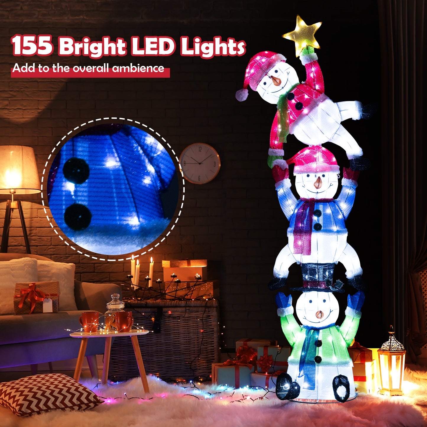 6 FT Pre-Lit Stacked Snowman Set with 155 LED Lights and Ground Stakes, Multicolor Christmas Decor & Accessories   at Gallery Canada