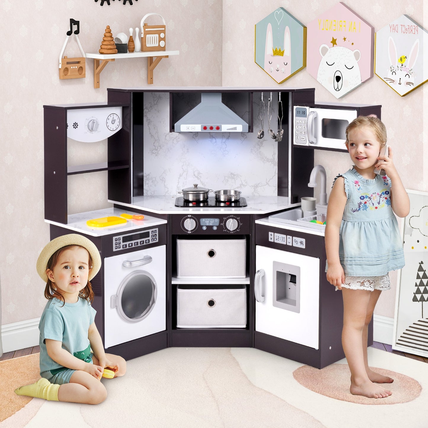 Wooden Kids Play Kitchen Playset with Realistic Lights and Sounds, Coffee Play Kitchen Sets   at Gallery Canada