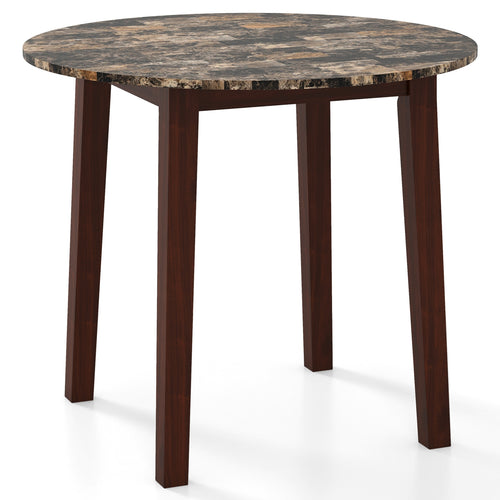 35 Inch Round Dining Table with Rubber Wood Legs and Marble-textured Veneer Tabletop, Brown