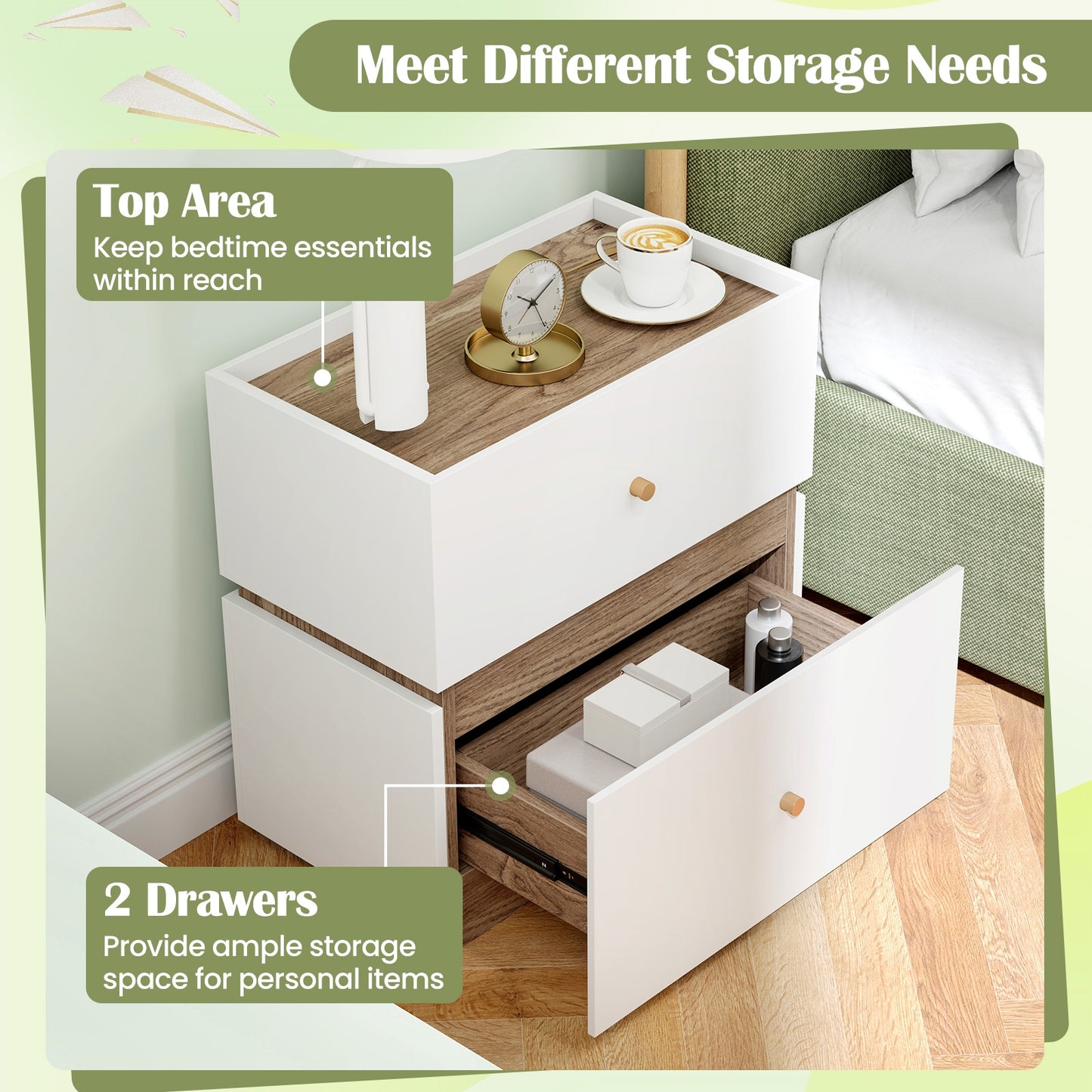 2-Drawer Modern Nightstand with Storage for Living Room Bedroom, Natural & White Nightstands   at Gallery Canada