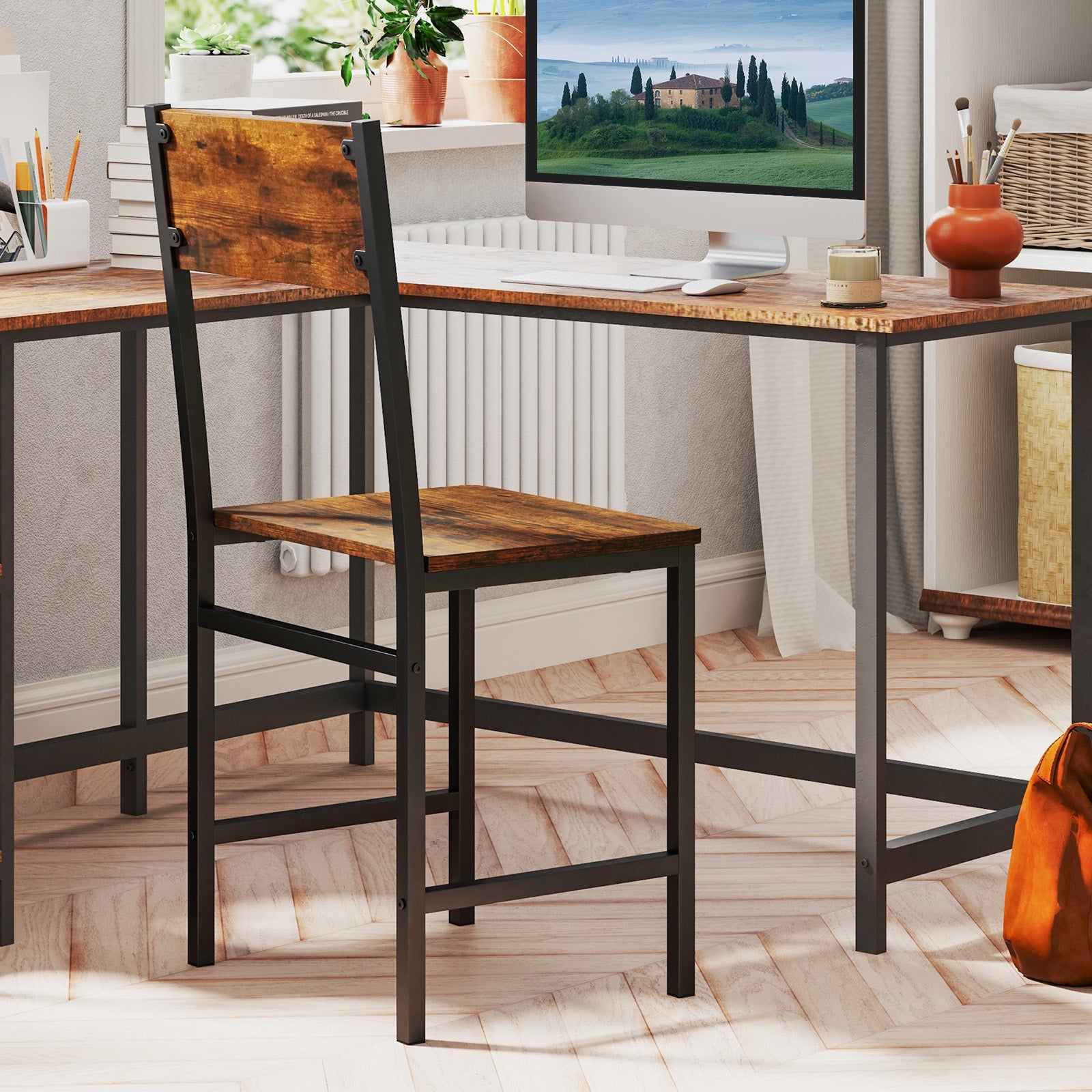 Industrial Kitchen Side Chairs Set of 2 with Metal Legs and Slanted Back, Rustic Brown Dining Chairs at Gallery Canada