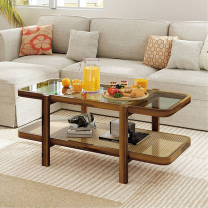 2-Tier Coffee Table with Storage and Tempered Glass Tabletop, Brown Coffee Tables   at Gallery Canada