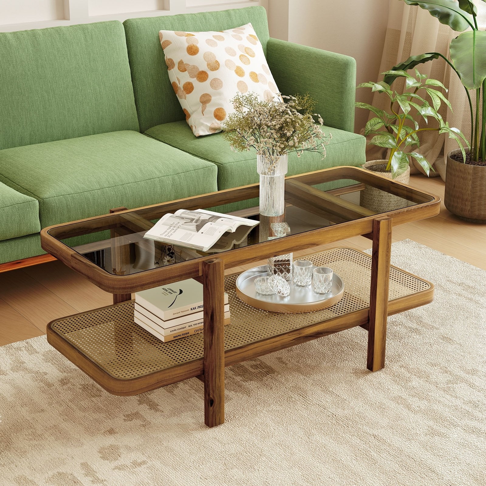 2-Tier Coffee Table with Storage and Tempered Glass Tabletop, Brown Coffee Tables   at Gallery Canada