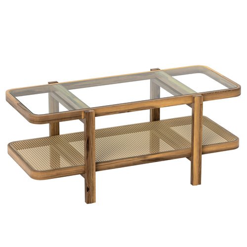 2-Tier Coffee Table with Storage and Tempered Glass Tabletop, Brown