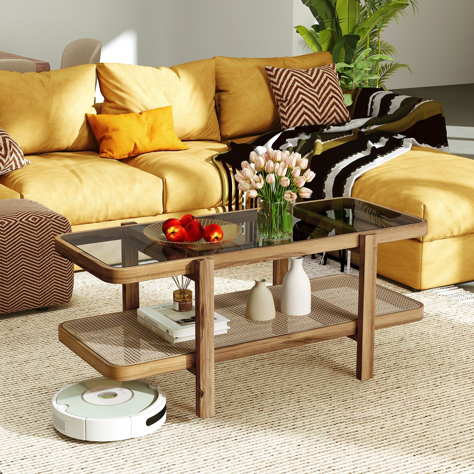 2-Tier Coffee Table with Storage and Tempered Glass Tabletop, Brown Coffee Tables   at Gallery Canada