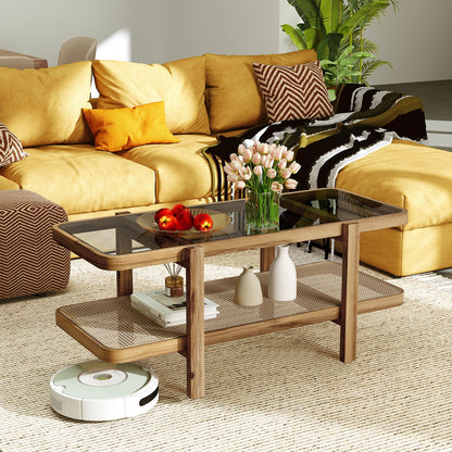 2-Tier Coffee Table with Storage and Tempered Glass Tabletop, Brown Coffee Tables   at Gallery Canada