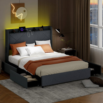 Full/Queen Size Bed Frame with LED Lights and Charging Station-Queen Size, Gray Simple Bed Frame   at Gallery Canada