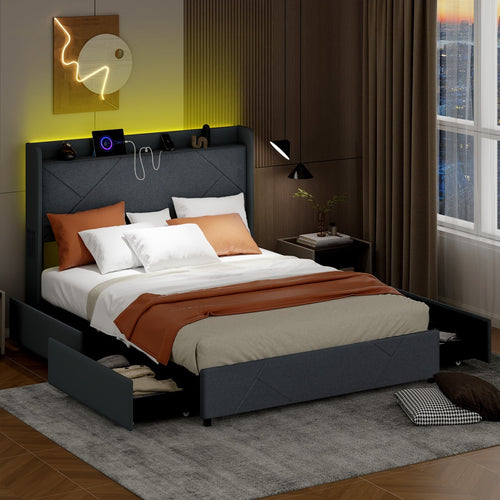 Full/Queen Size Bed Frame with LED Lights and Charging Station-Queen Size, Gray