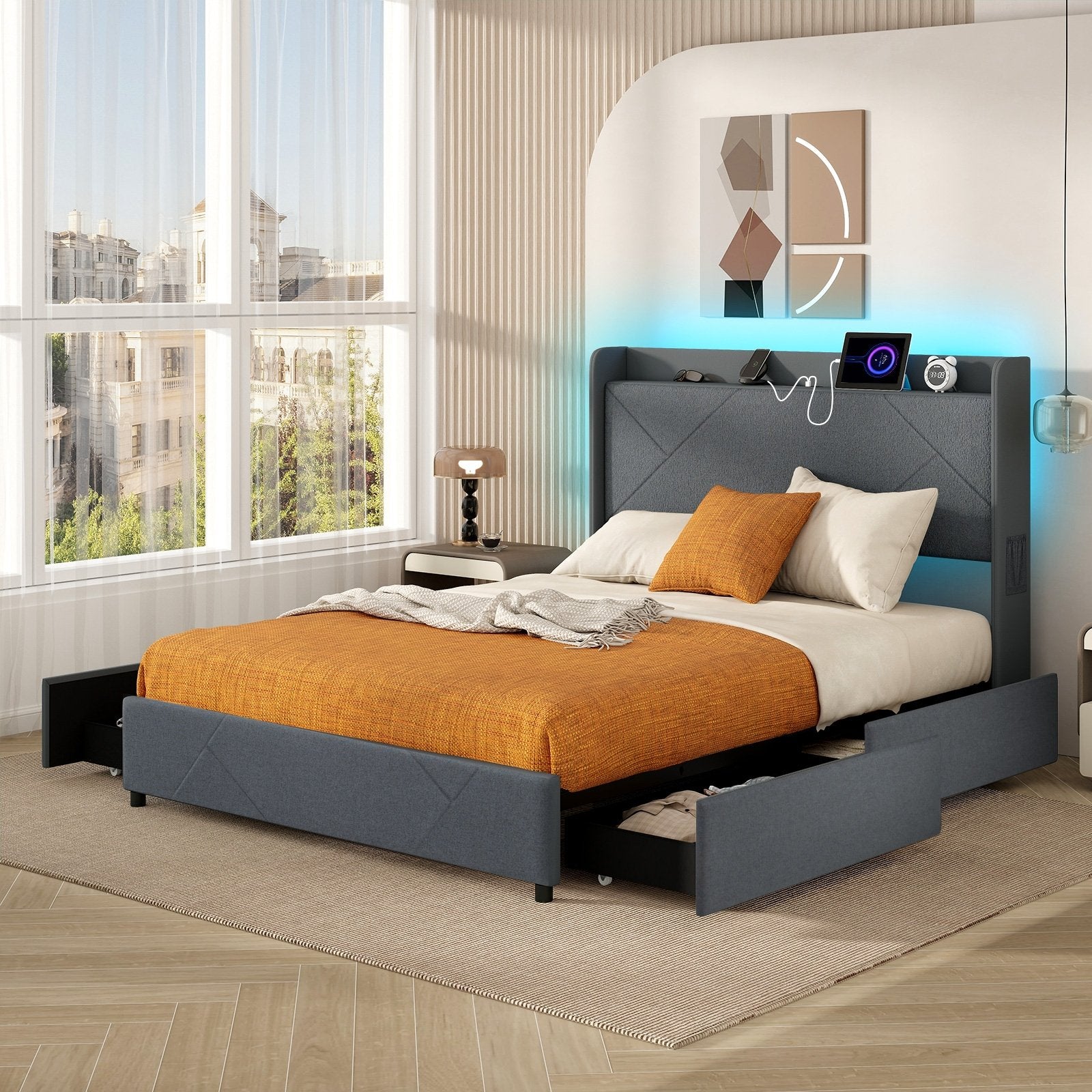 Full/Queen Size Bed Frame with LED Lights and Charging Station-Queen Size, Gray Simple Bed Frame   at Gallery Canada