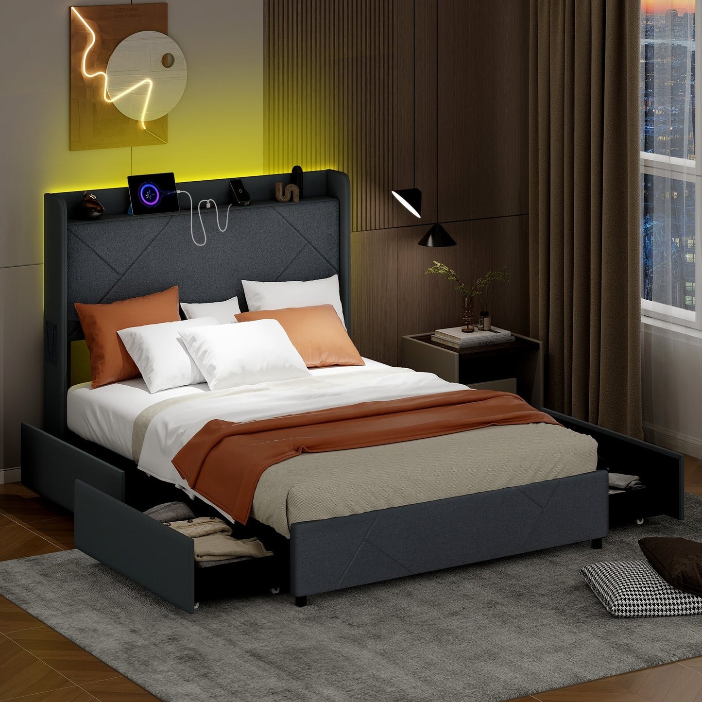 Full/Queen Size Bed Frame with LED Lights and Charging Station-Full Size, Gray Simple Bed Frame   at Gallery Canada