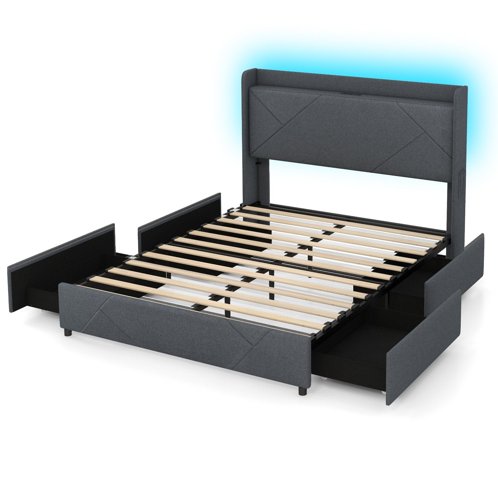 Full/Queen Size Bed Frame with LED Lights and Charging Station-Queen Size, Gray Simple Bed Frame Gray - Queen Size  at Gallery Canada