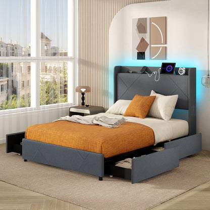 Full/Queen Size Bed Frame with LED Lights and Charging Station-Full Size, Gray Simple Bed Frame   at Gallery Canada