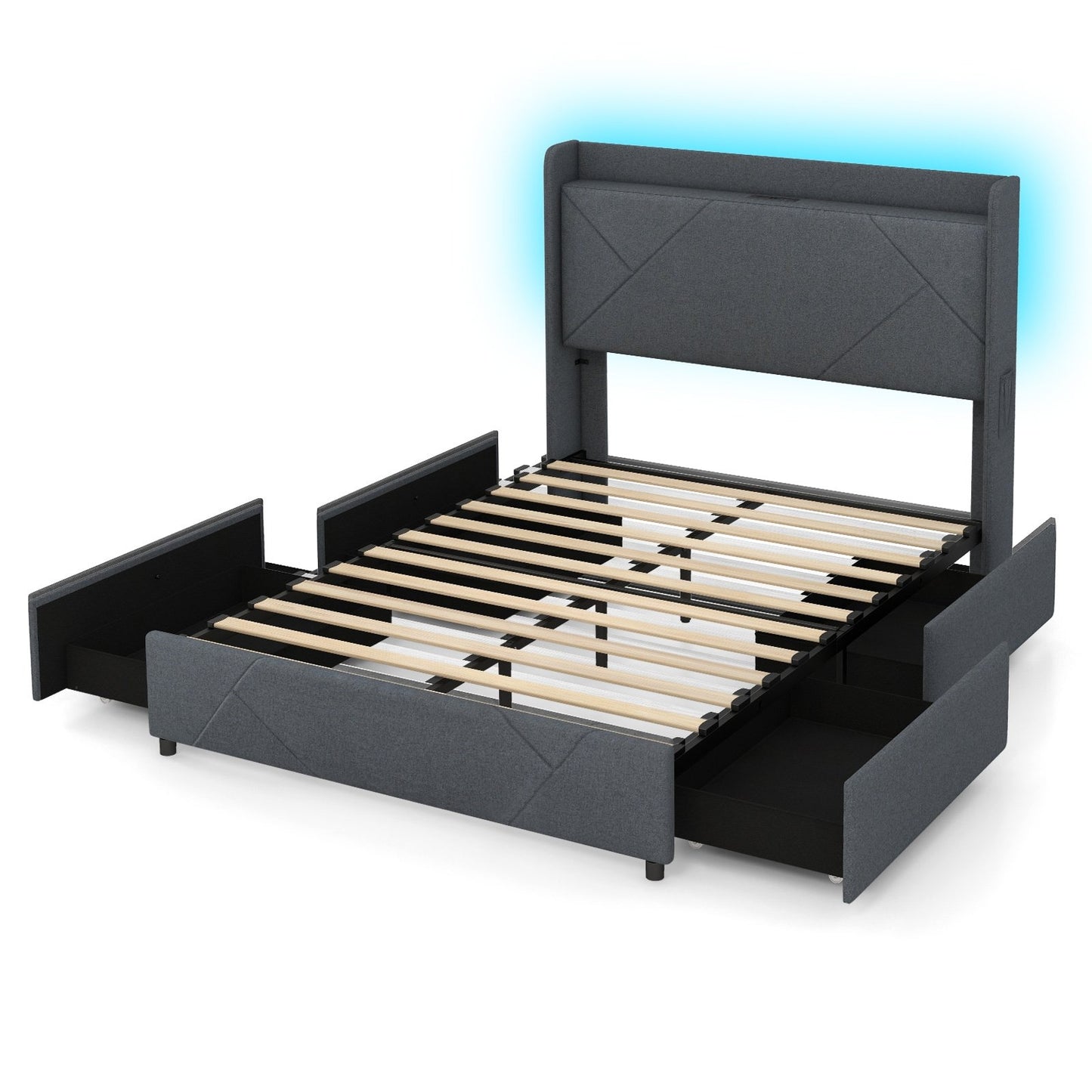 Full/Queen Size Bed Frame with LED Lights and Charging Station-Full Size, Gray Simple Bed Frame Gray - Full Size  at Gallery Canada