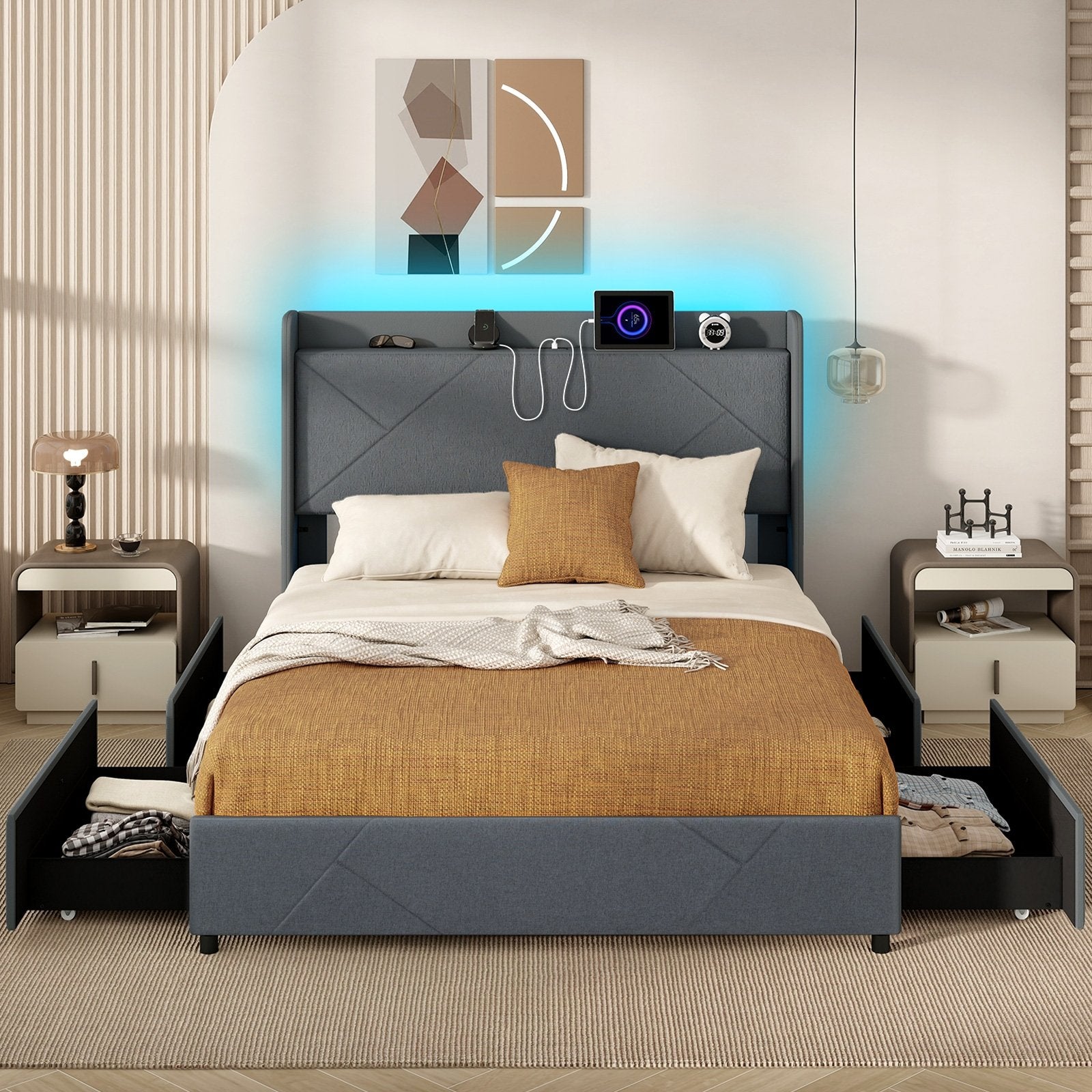 Full/Queen Size Bed Frame with LED Lights and Charging Station-Queen Size, Gray Simple Bed Frame   at Gallery Canada