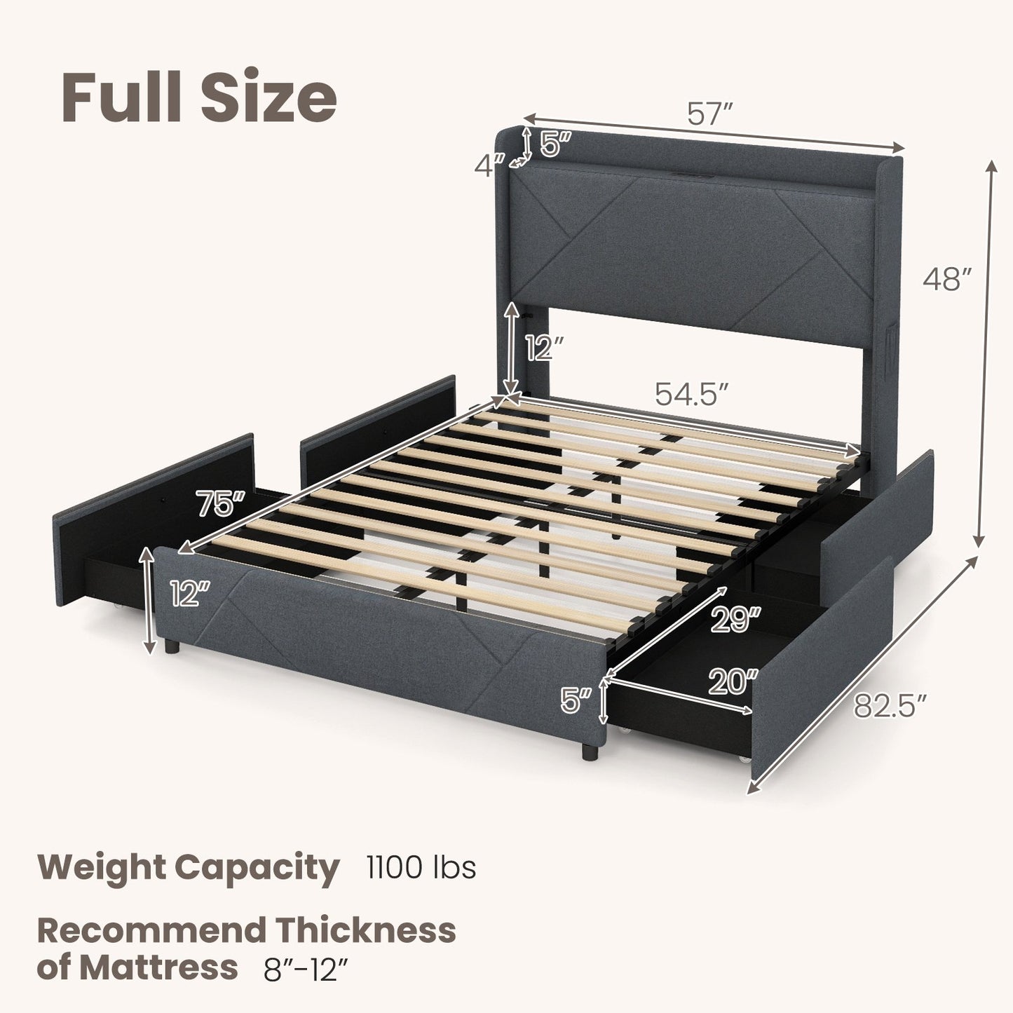 Full/Queen Size Bed Frame with LED Lights and Charging Station-Full Size, Gray Simple Bed Frame   at Gallery Canada