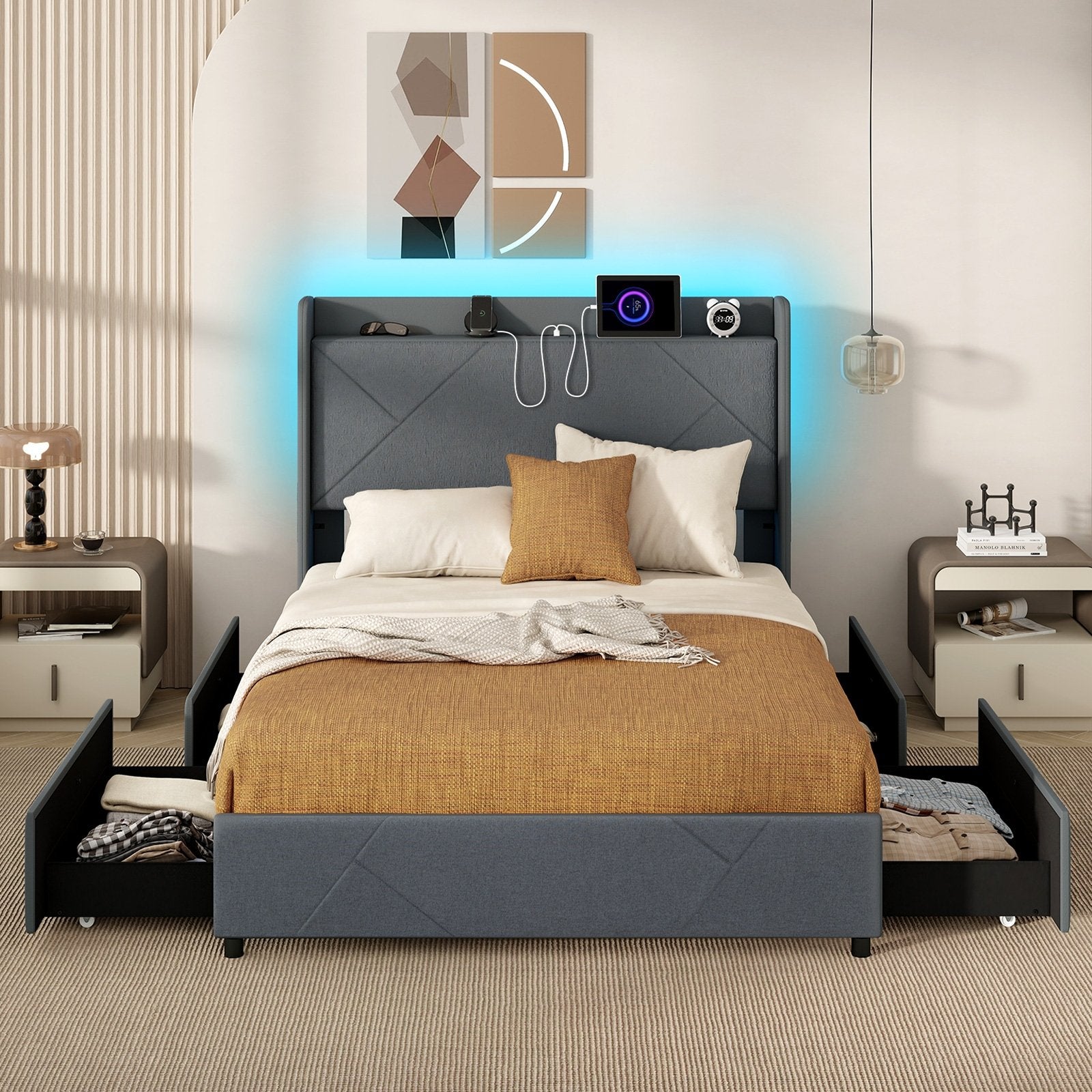 Full/Queen Size Bed Frame with LED Lights and Charging Station-Full Size, Gray Simple Bed Frame   at Gallery Canada