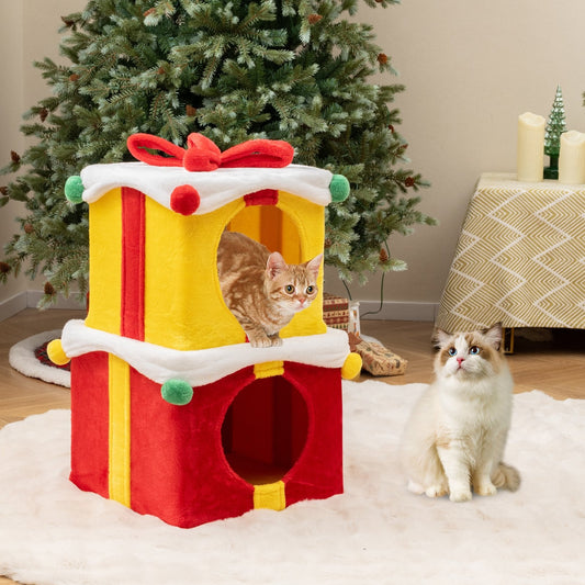 2 Gift Box Shaped Cute Christmas Cat House with Bow, Multicolor Cat Houses Multicolor  at Gallery Canada