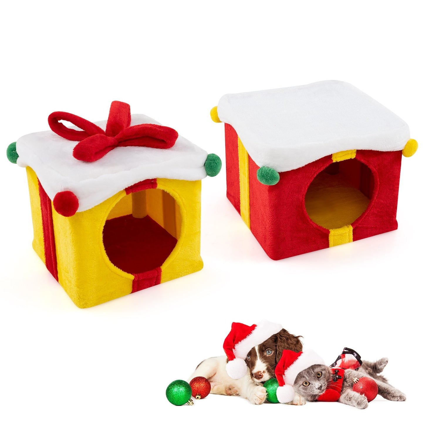 2 Gift Box Shaped Cute Christmas Cat House with Bow, Multicolor Cat Houses   at Gallery Canada