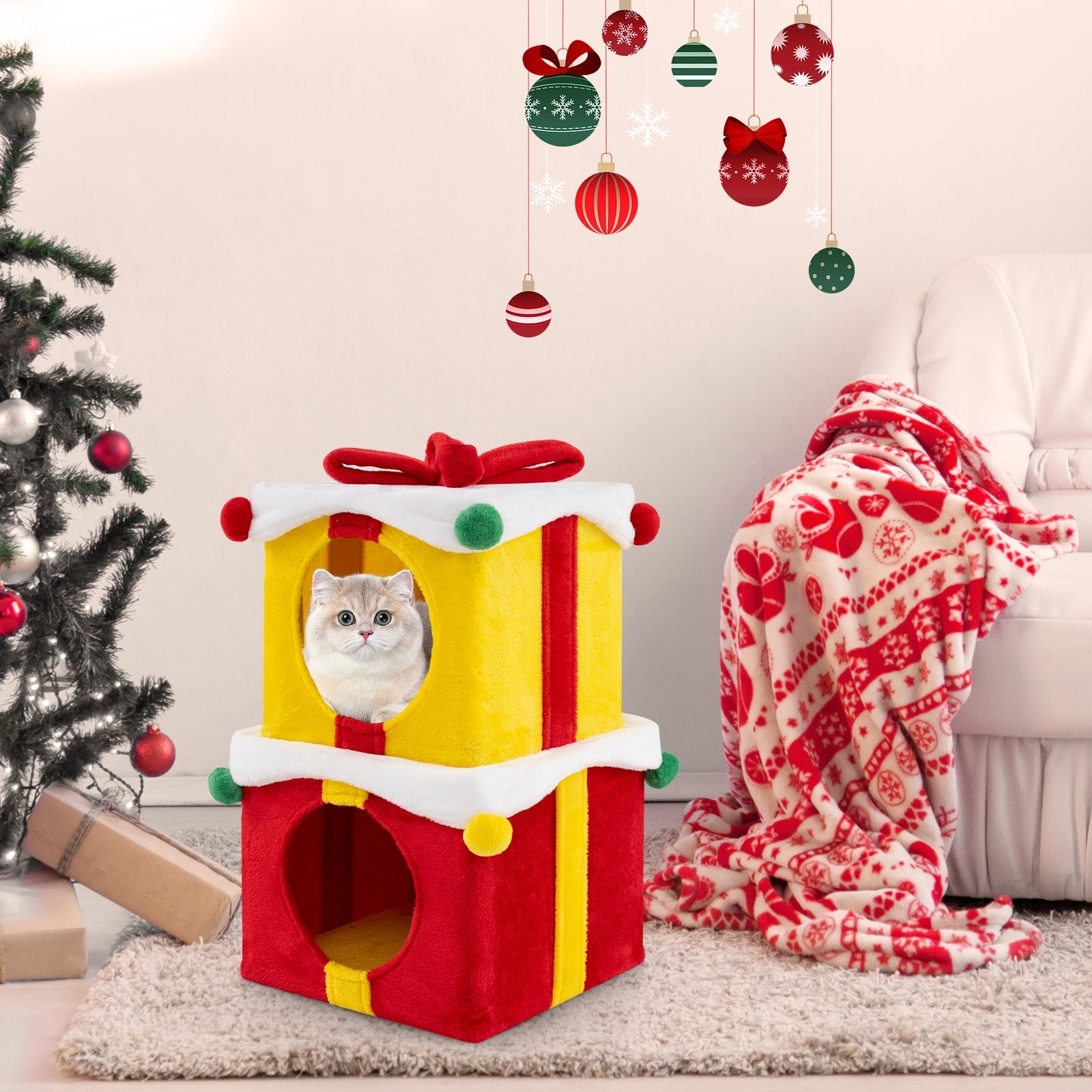 2 Gift Box Shaped Cute Christmas Cat House with Bow, Multicolor Cat Houses   at Gallery Canada