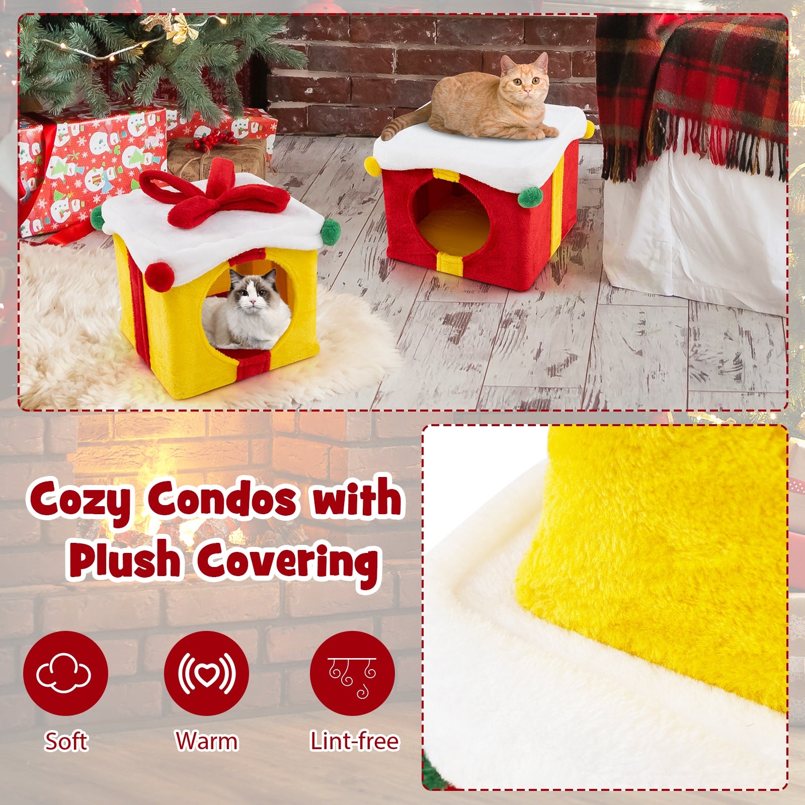 2 Gift Box Shaped Cute Christmas Cat House with Bow, Multicolor Cat Houses   at Gallery Canada