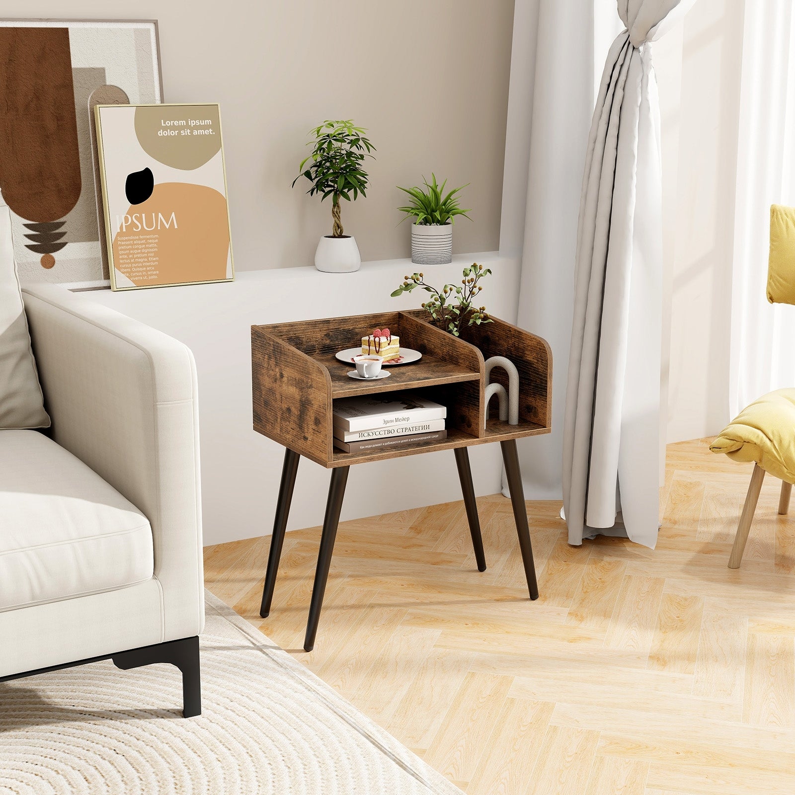 Mid Century Modern Nightstand with Open Shelves, Brown Nightstands at Gallery Canada