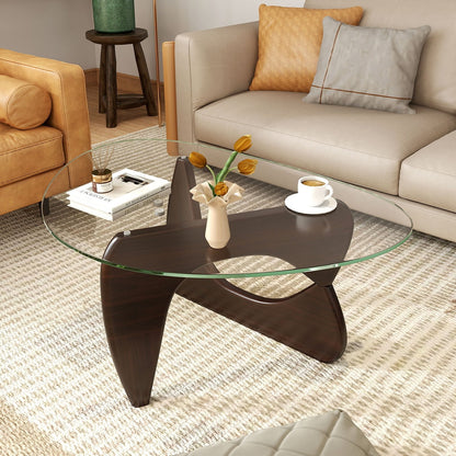 Triangle Coffee Table with Tempered Glass Top and Adjustable Rubber Wood Base, Walnut Coffee Tables   at Gallery Canada