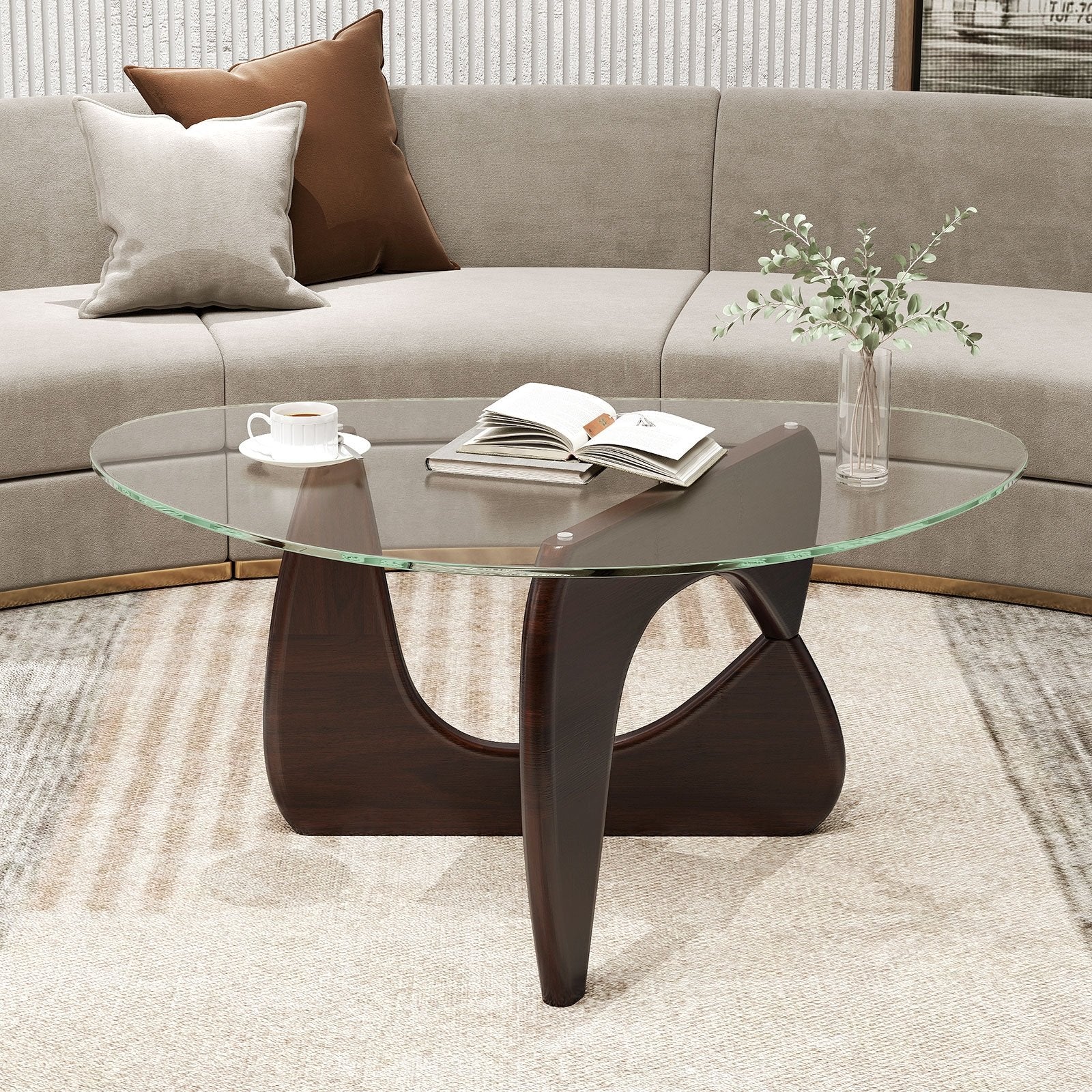 Triangle Coffee Table with Tempered Glass Top and Adjustable Rubber Wood Base, Walnut Coffee Tables   at Gallery Canada