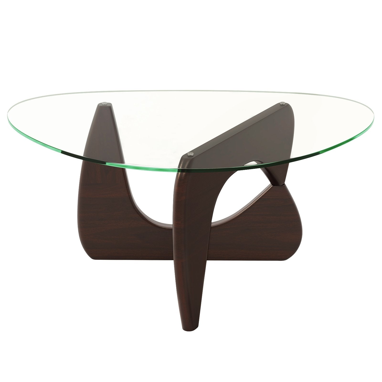 Triangle Coffee Table with Tempered Glass Top and Adjustable Rubber Wood Base, Walnut Coffee Tables Walnut  at Gallery Canada