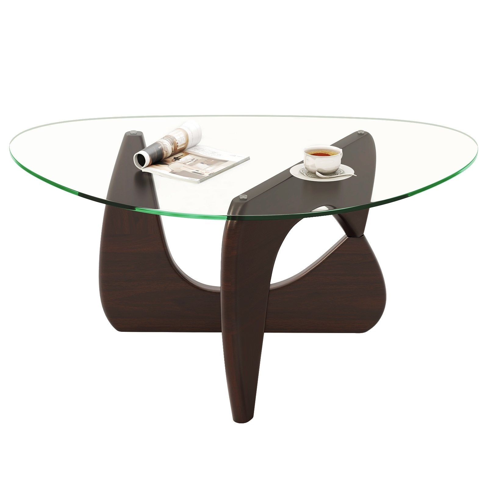 Triangle Coffee Table with Tempered Glass Top and Adjustable Rubber Wood Base, Walnut Coffee Tables   at Gallery Canada