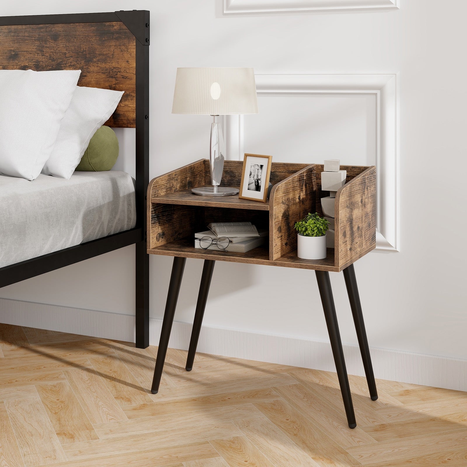 Mid Century Modern Nightstand  with Open Shelves, Brown Nightstands   at Gallery Canada