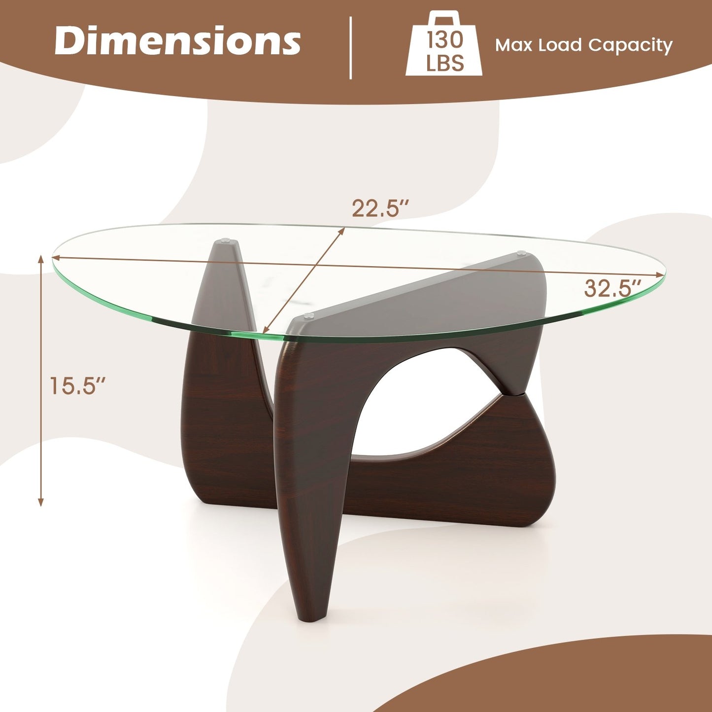 Triangle Coffee Table with Tempered Glass Top and Adjustable Rubber Wood Base, Walnut Coffee Tables   at Gallery Canada