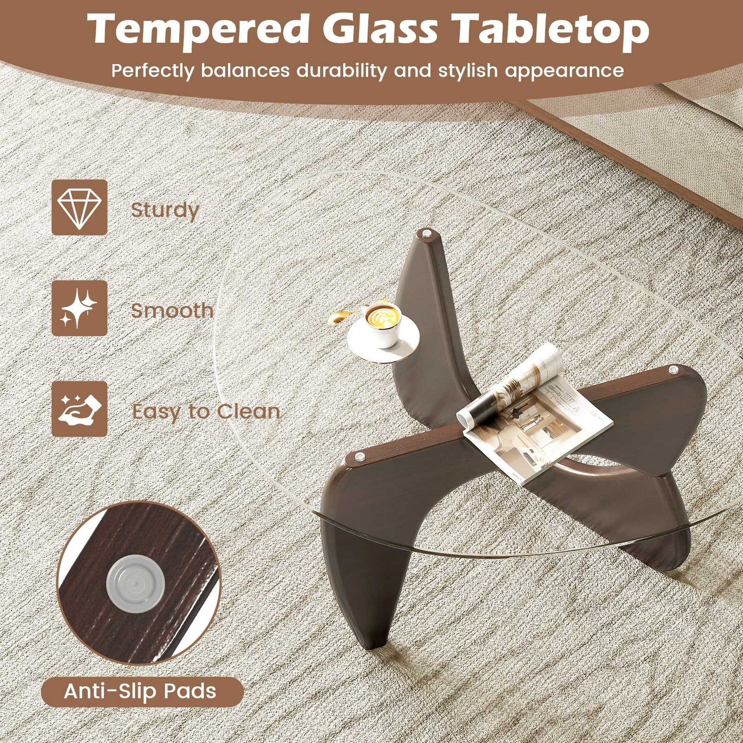 Triangle Coffee Table with Tempered Glass Top and Adjustable Rubber Wood Base, Walnut Coffee Tables   at Gallery Canada