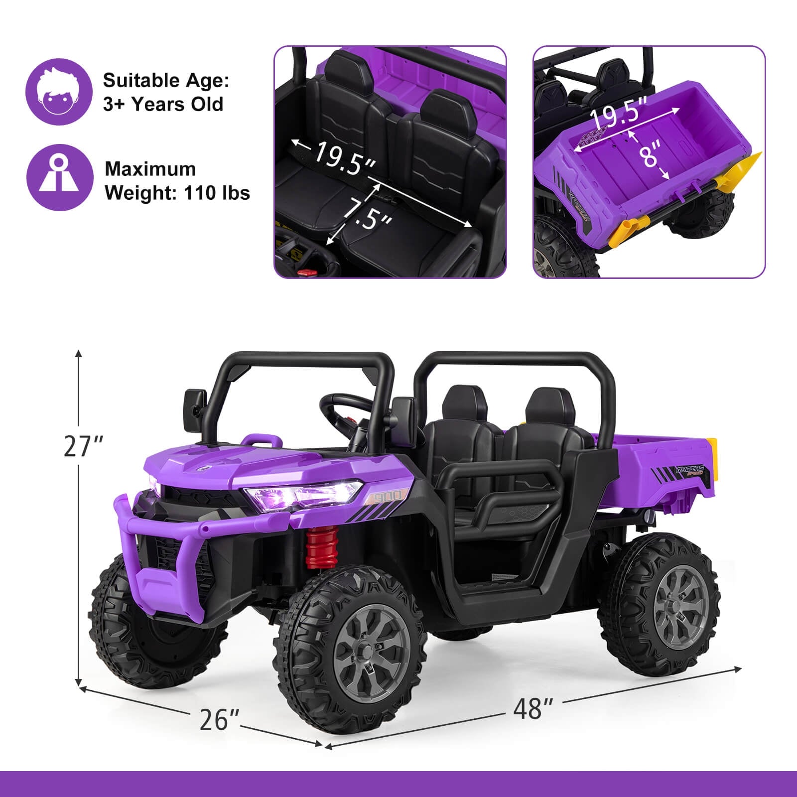 2-Seater Kids Ride On Dump Truck with Dump Bed and Shovel, Purple Powered Ride On Toys at Gallery Canada