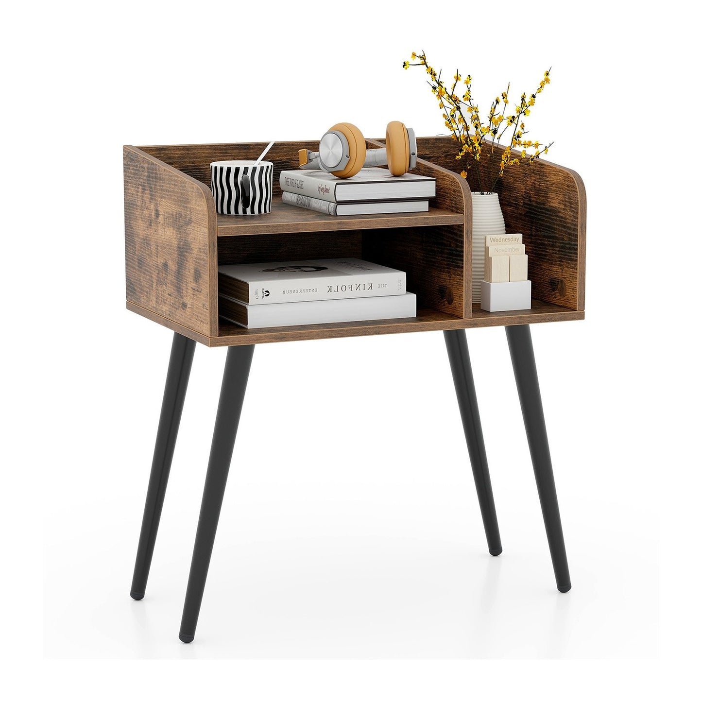 Mid Century Modern Nightstand  with Open Shelves, Brown Nightstands Brown  at Gallery Canada