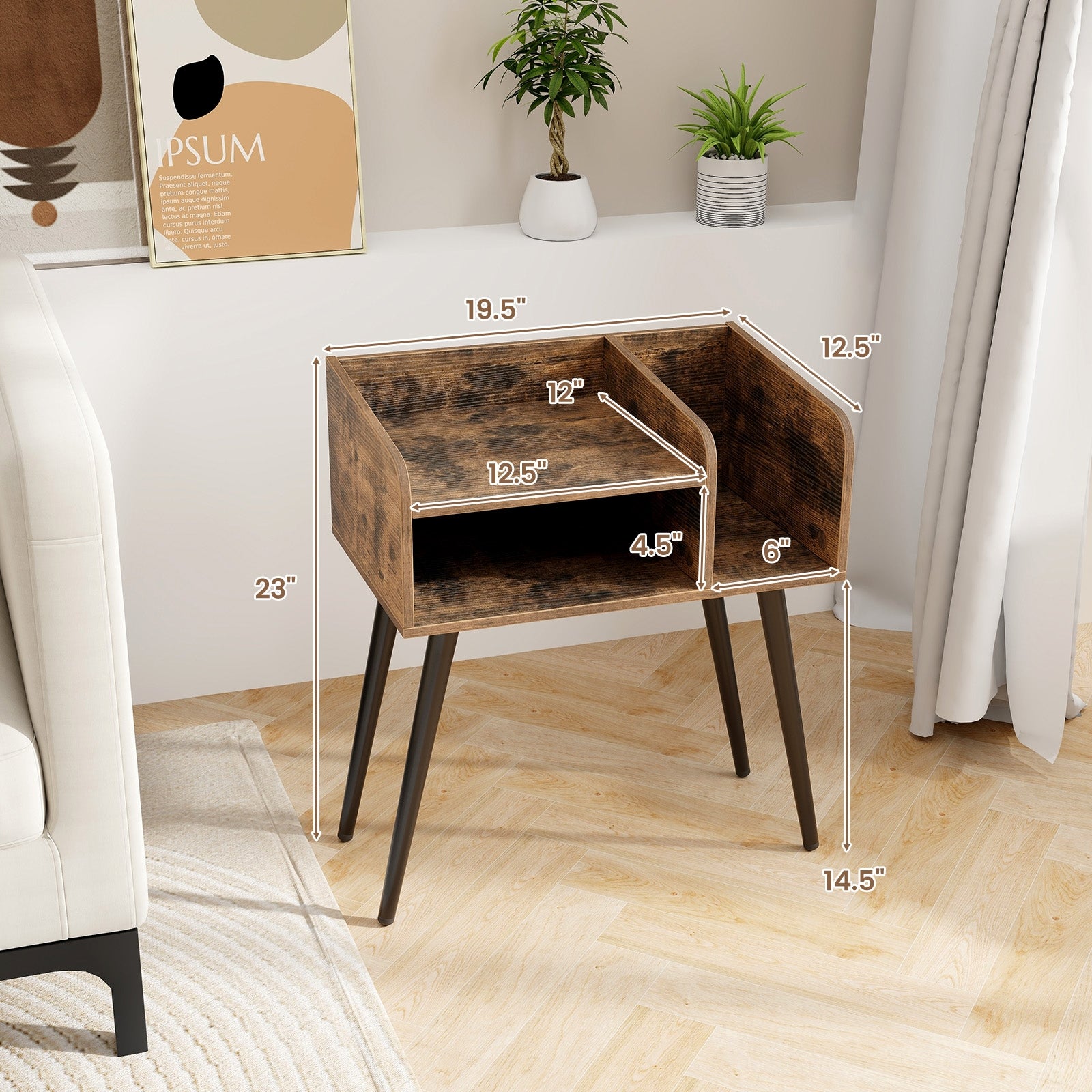 Mid Century Modern Nightstand  with Open Shelves, Brown Nightstands   at Gallery Canada