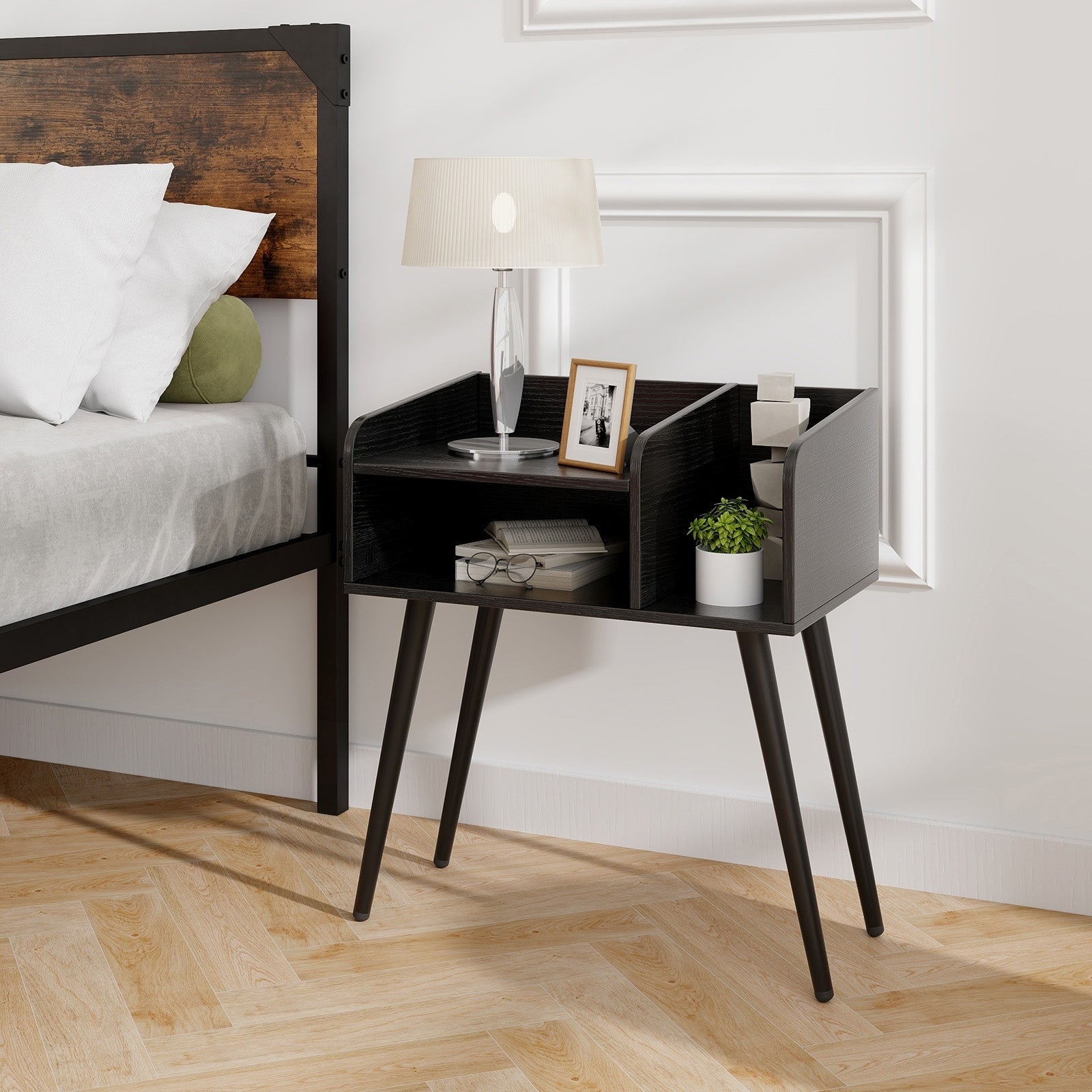 Mid Century Modern Nightstand with Open Shelves, Black Nightstands at Gallery Canada