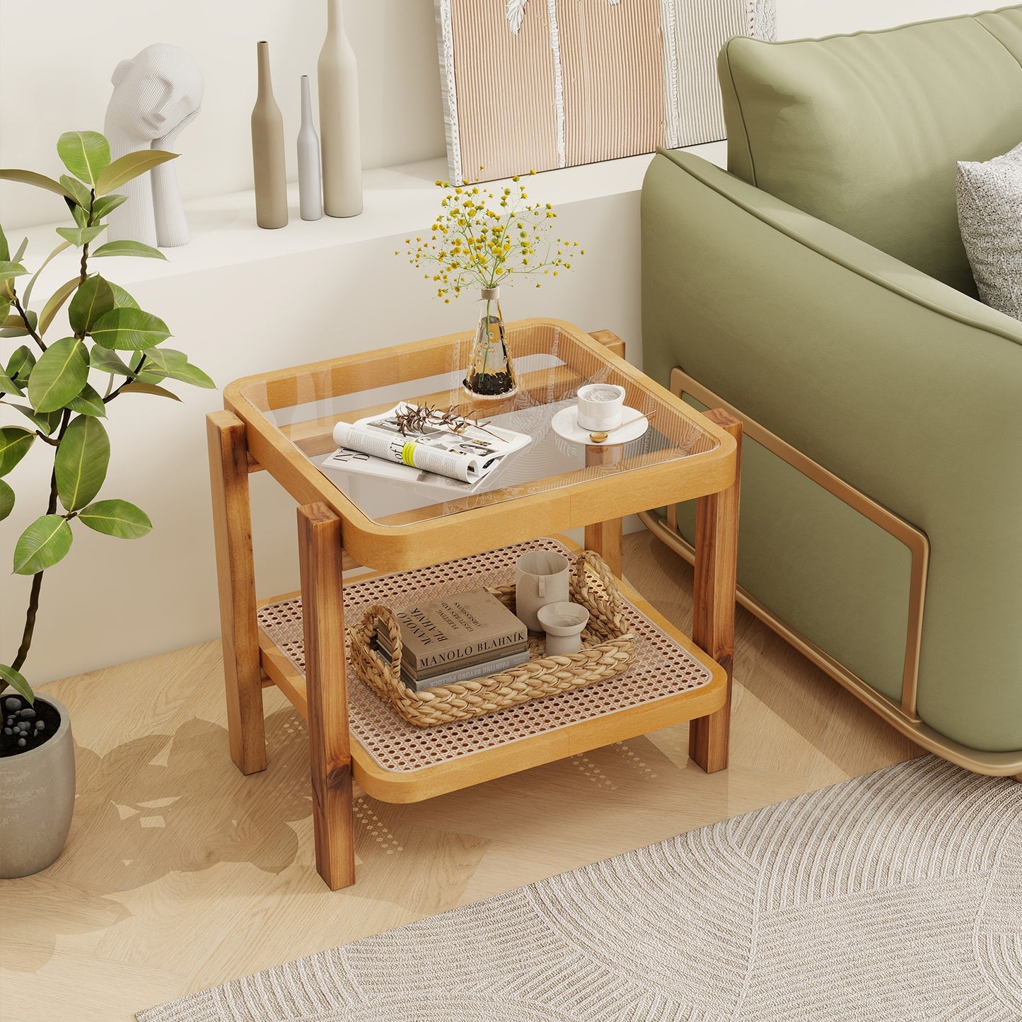 Rattan 2-Tier End Side Table with Tempered Glass Top Acacia Wood Legs, Natural End & Side Tables   at Gallery Canada