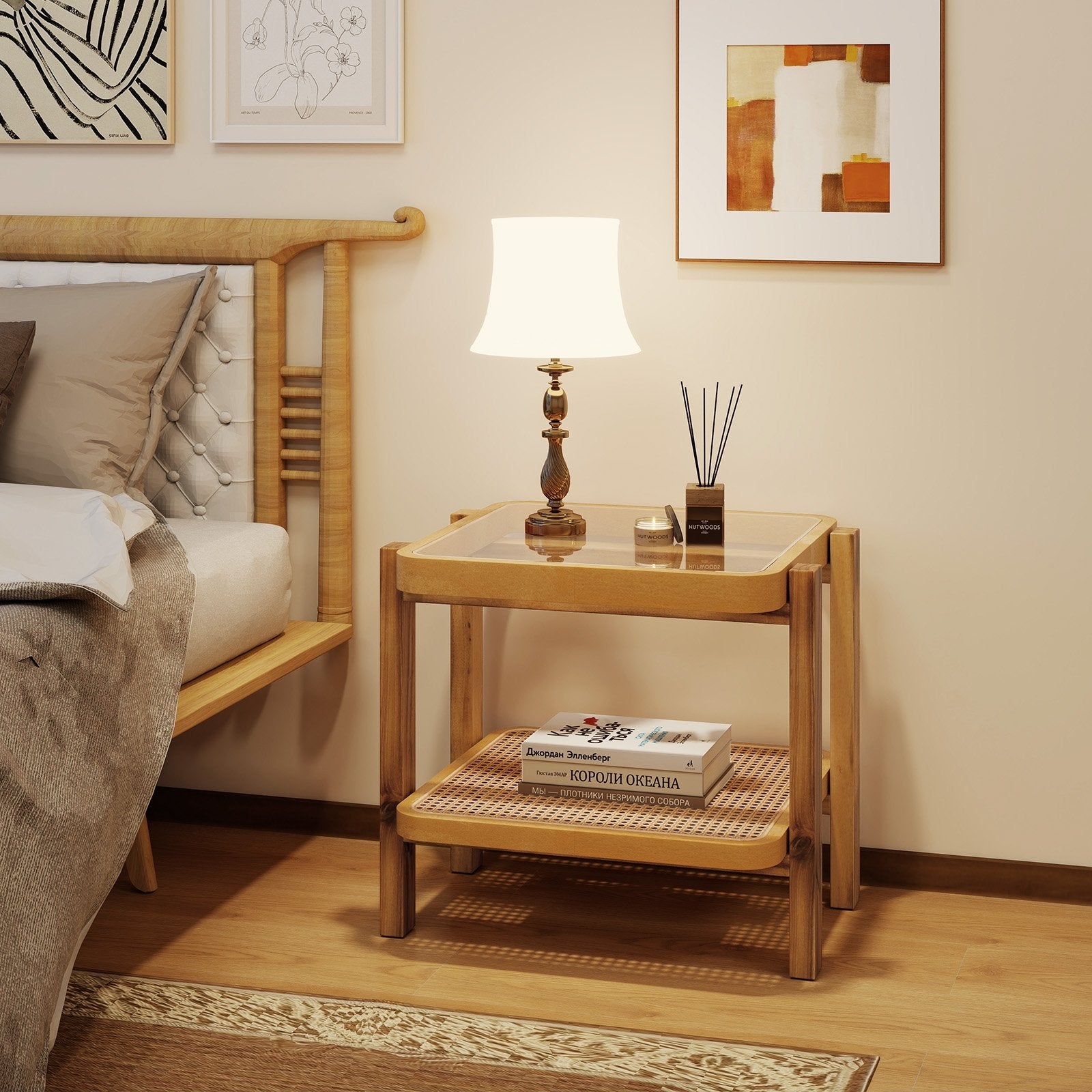 Rattan 2-Tier End Side Table with Tempered Glass Top Acacia Wood Legs, Natural End & Side Tables   at Gallery Canada