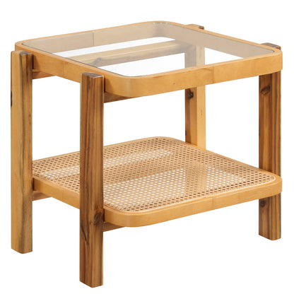 Rattan 2-Tier End Side Table with Tempered Glass Top Acacia Wood Legs, Natural End & Side Tables Natural  at Gallery Canada