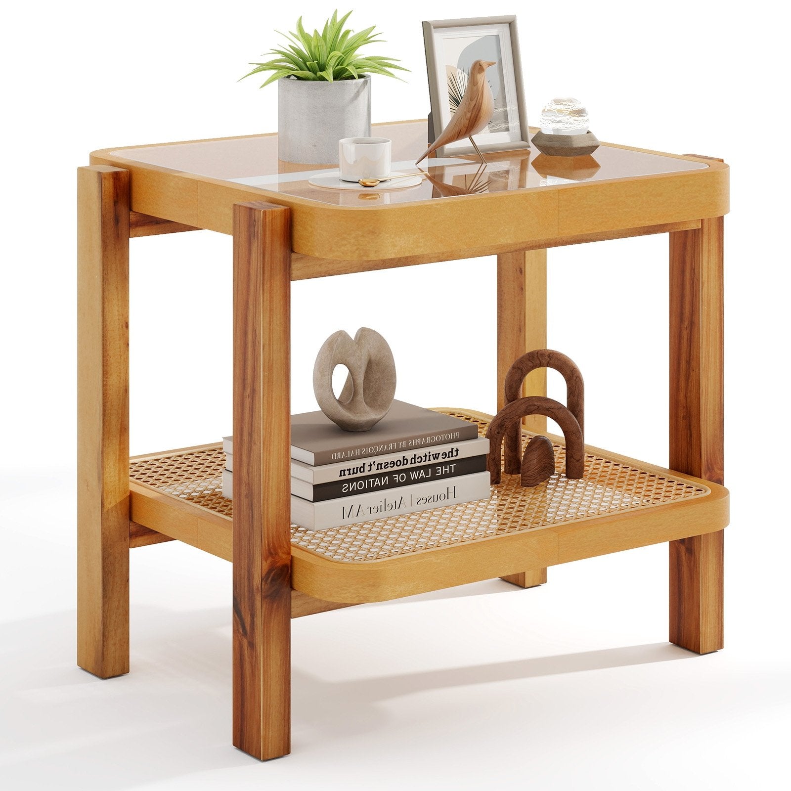 Rattan 2-Tier End Side Table with Tempered Glass Top Acacia Wood Legs, Natural End & Side Tables   at Gallery Canada