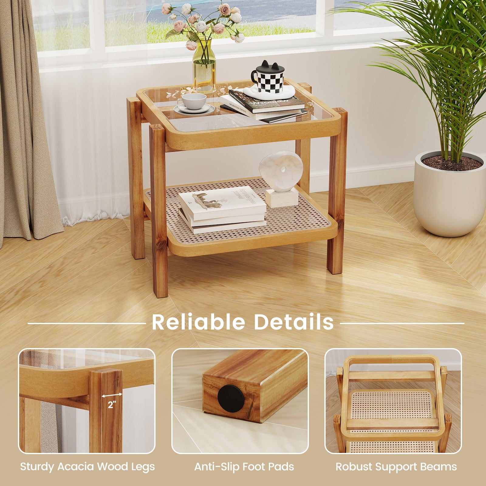 Rattan 2-Tier End Side Table with Tempered Glass Top Acacia Wood Legs, Natural End & Side Tables   at Gallery Canada