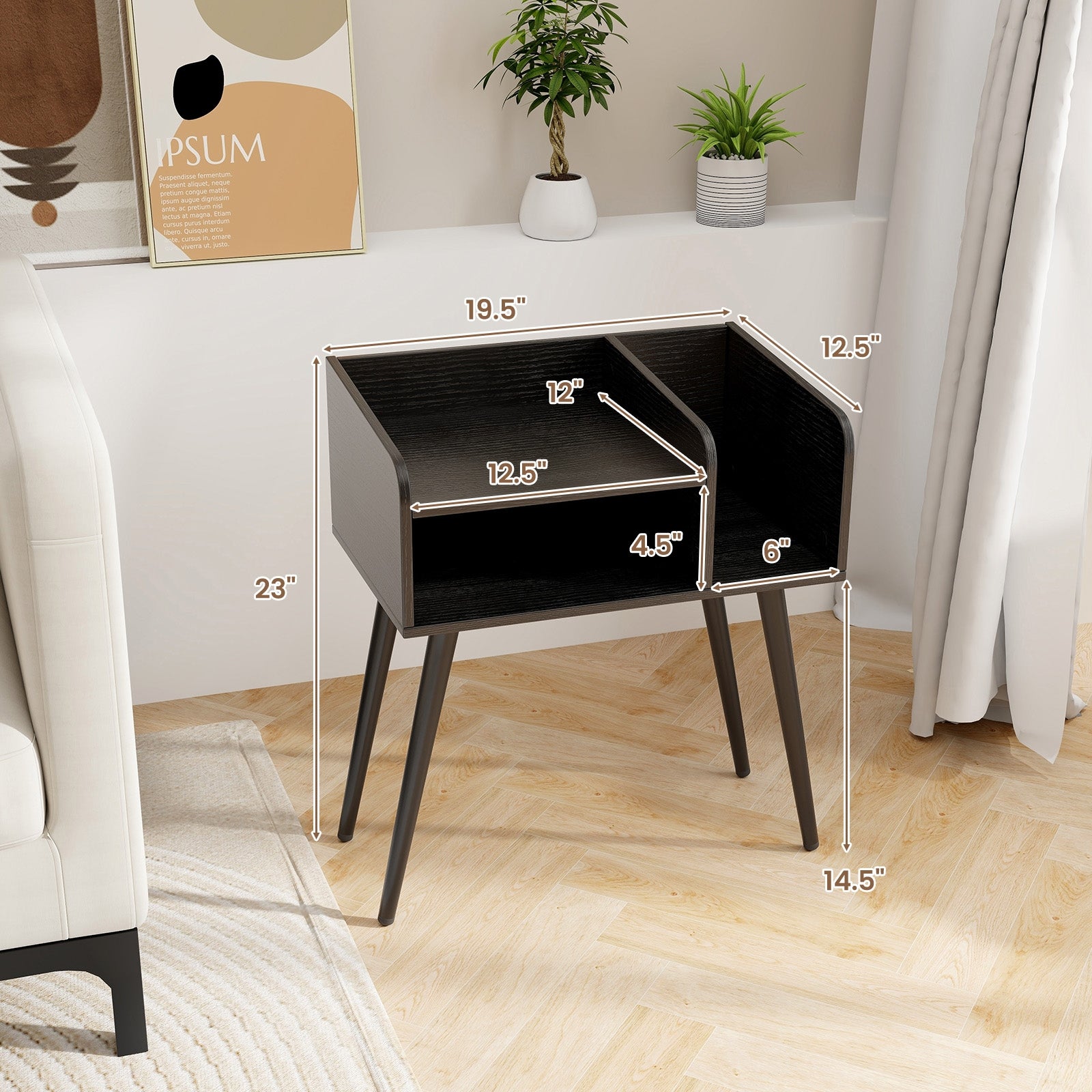 Mid Century Modern Nightstand  with Open Shelves, Black Nightstands   at Gallery Canada