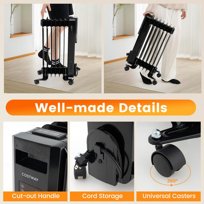 Oil Filled Radiator Heater with Adjustable Thermostat, Black Space Heaters   at Gallery Canada